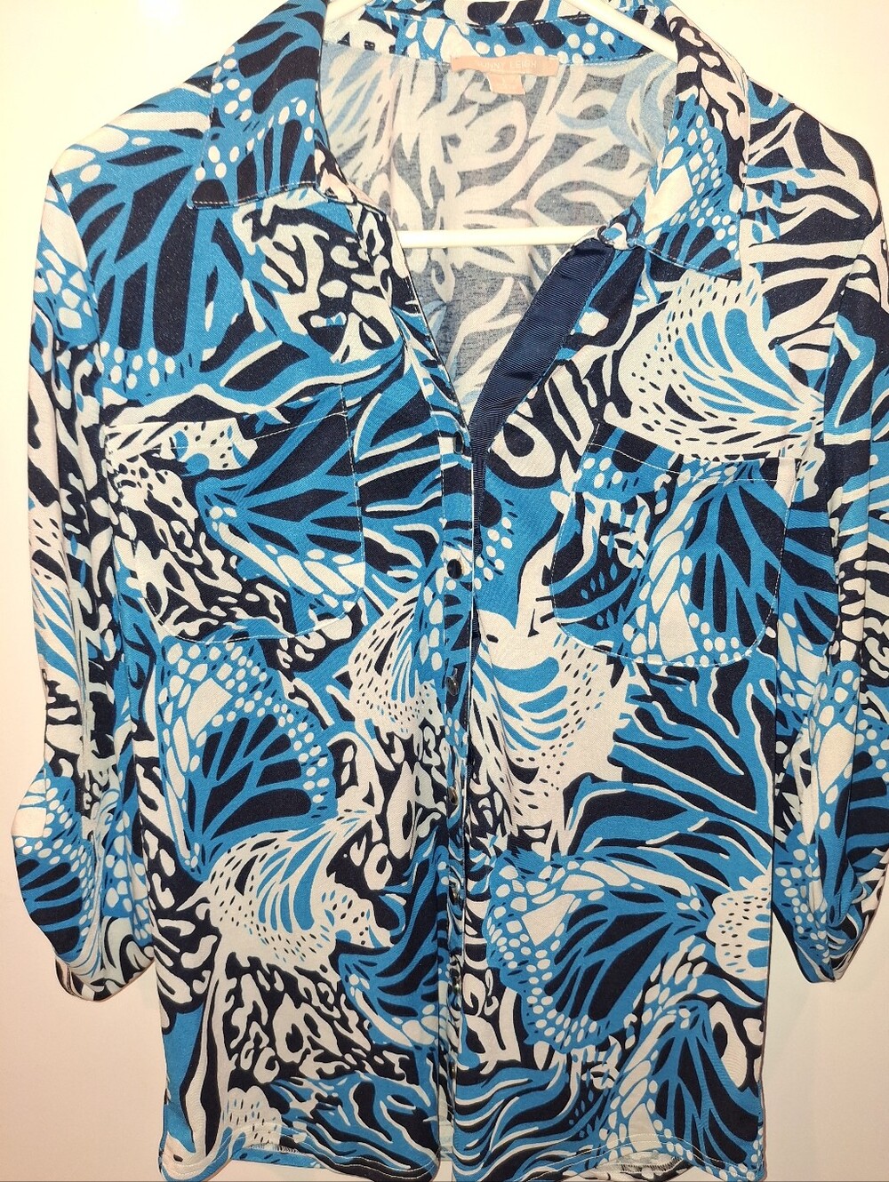 Sunny Leigh Blue, White & Black Printed Button-Down Shirt